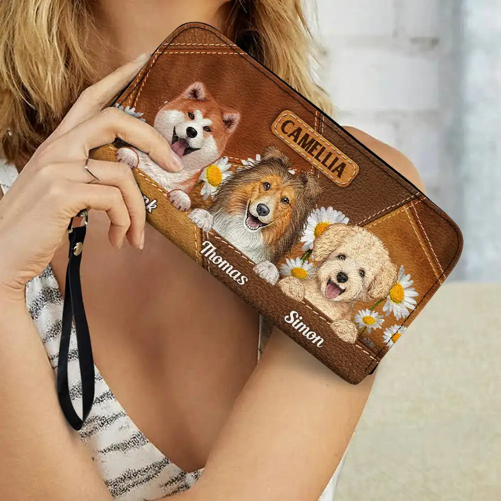 Cute Dogs Daisy Flowers - Personalized Leather Long Wallet