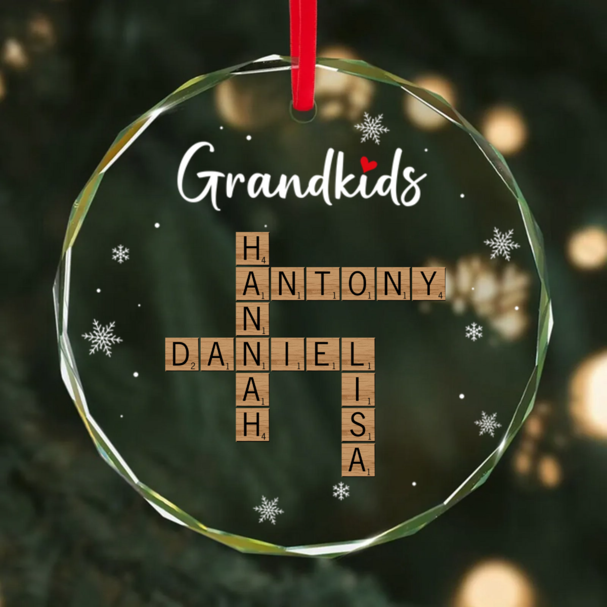 Grandkids Heart Crossword Art Puzzle Personalized Glass Ornament, Gift For Grandma Grandparents