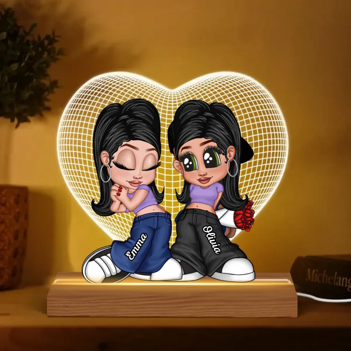 3D Heart Y2K Couple Personalized Acrylic LED Night Light, Gift, Anniversary Gift for Him for Her