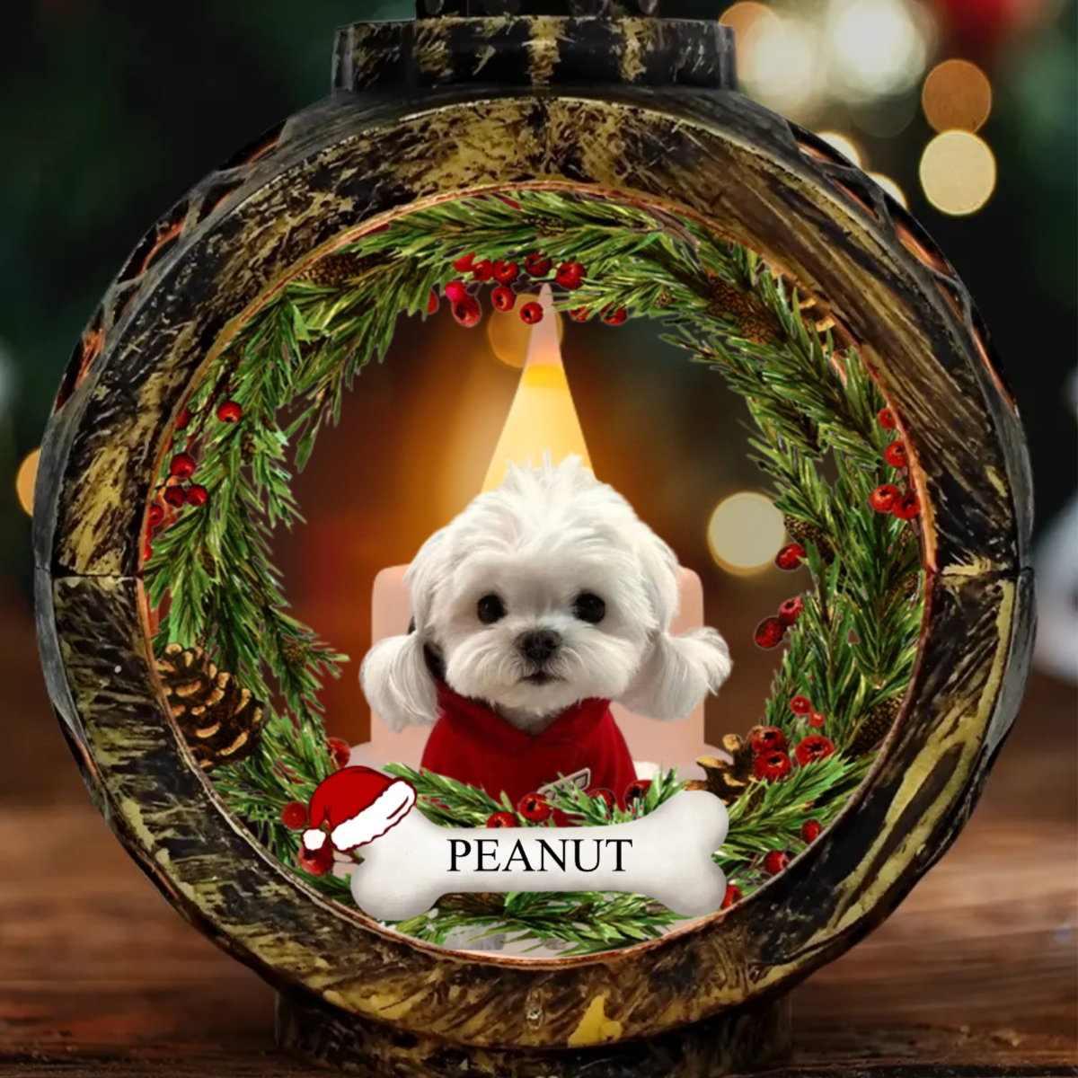 Custom Photo Lovely Dog Cat Face Wreath Pet Memorial - Personalized Candlelight Lantern Ornament