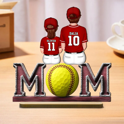 Baseball, Softball Mom And Kids Sitting On Text Personalized Standing Wooden Plaque, Gift for Wife, Gift for Mom
