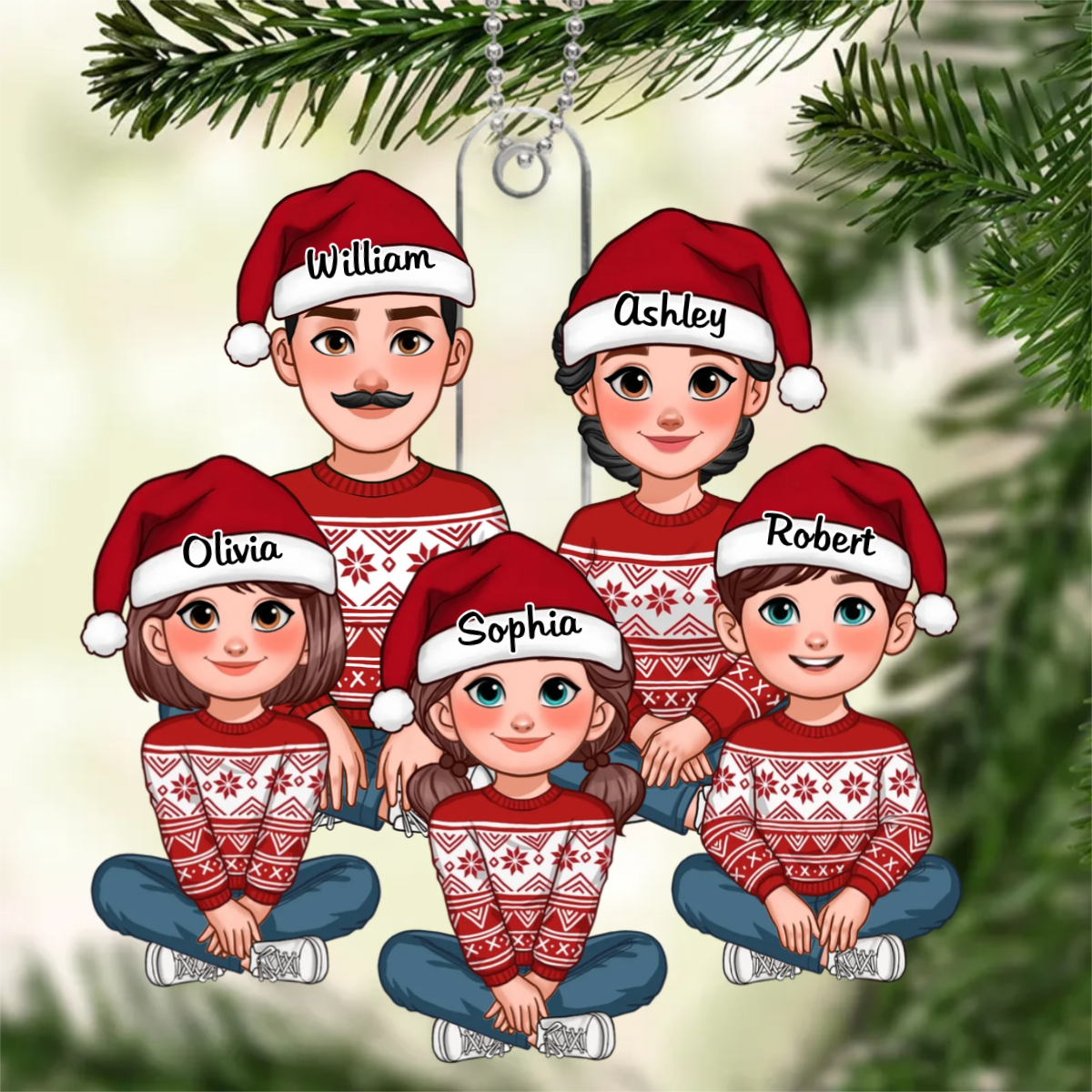 Animated Family Sitting Together Christmas Personalized Acrylic Ornament