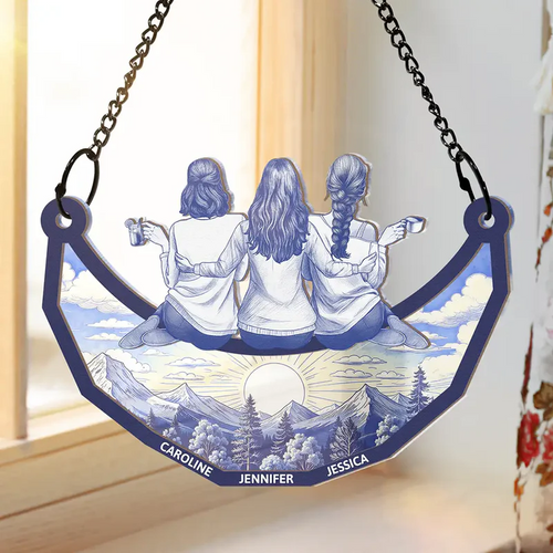 Toile Art Bestie Sitting On The Moon - Personalized Window Hanging Suncatcher Ornament