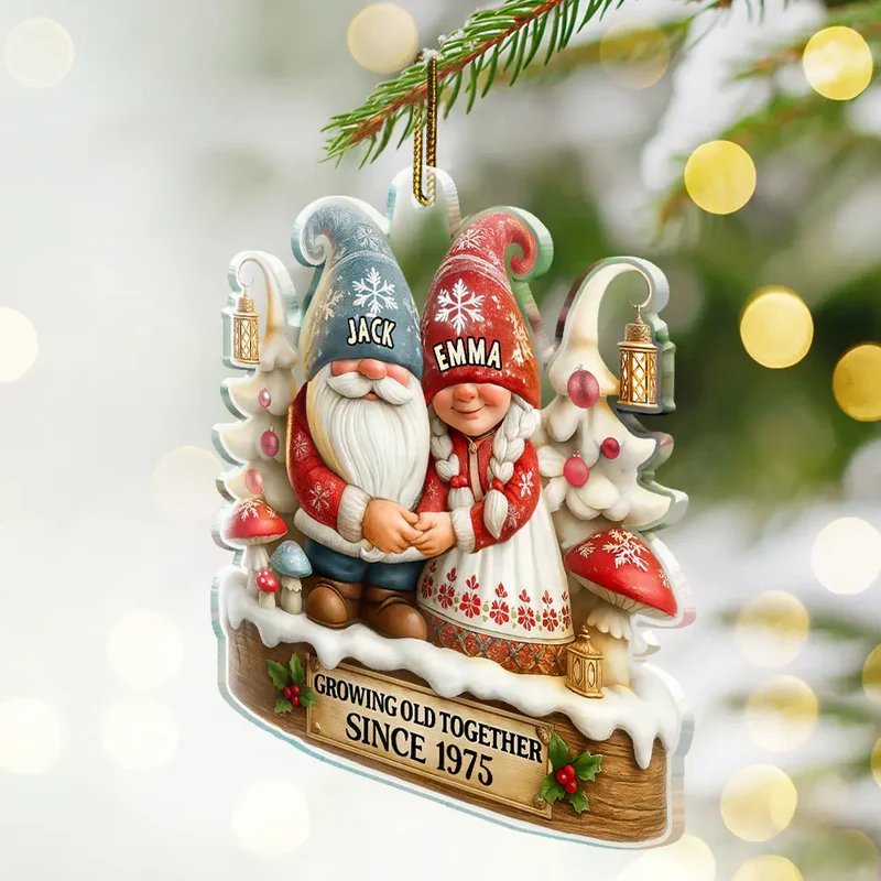 3D Effect Gnome Couple Growing Old Together - Personalized Custom Shaped Acrylic Ornament