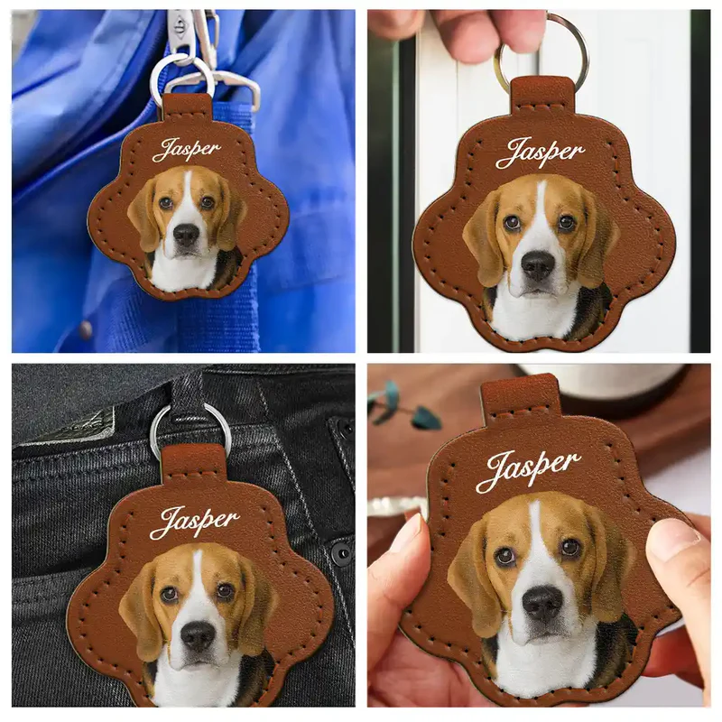 Custom Photo Dog Cat Pet Portrait - Personalized Paw Shaped Leather Keychain With Stitching