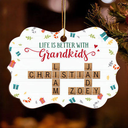 Life Is Better With Grandkids Crossword Puzzle Personalized Wooden Ornament, Christmas Gift for Grandma, Grandkids