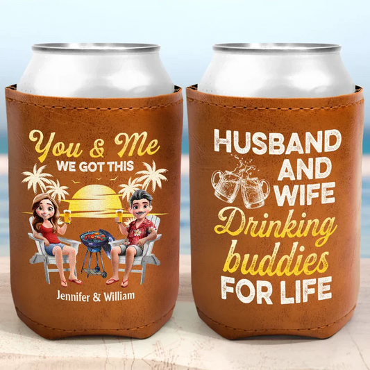 Husband And Wife Drinking Buddies For Life - Personalized Leather Can Cooler
