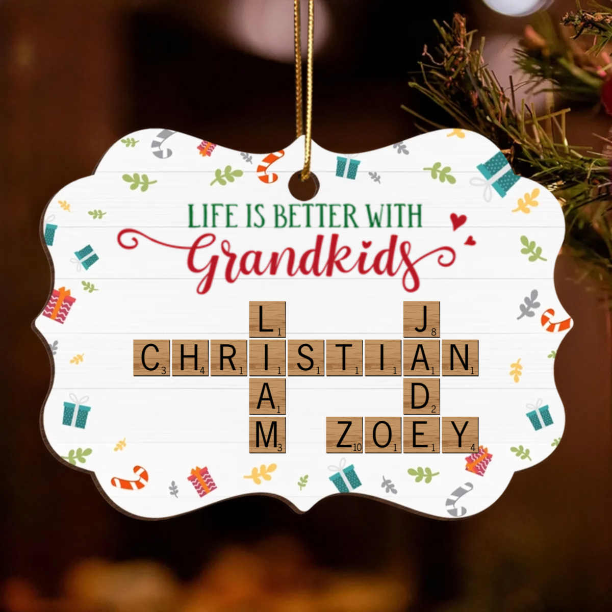 Life Is Better With Grandkids Crossword Puzzle Personalized Wooden Ornament, Christmas Gift for Grandma, Grandkids