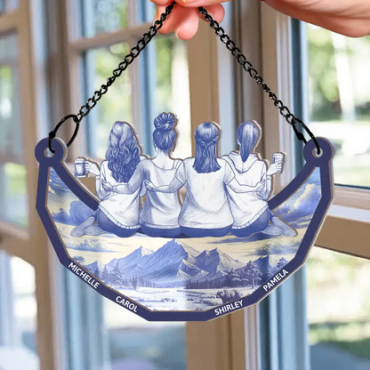 Toile Art Bestie Sitting On The Moon - Personalized Window Hanging Suncatcher Ornament