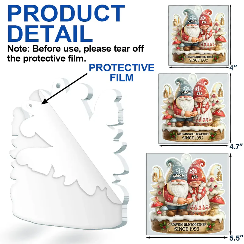 3D Effect Gnome Couple Growing Old Together - Personalized Custom Shaped Acrylic Ornament