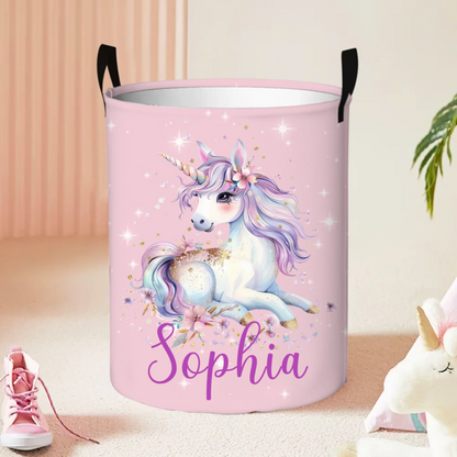 Personalised Fantasy Unicorn Name Large Toy Laundry Basket with Handle Waterproof Nursery Decoration Housewarming Gift for Kids