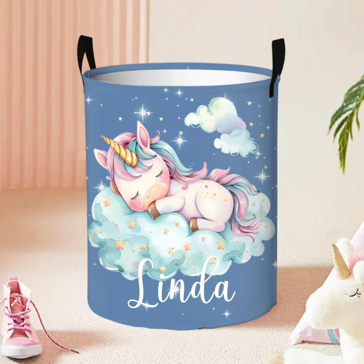 Personalised Fantasy Unicorn Name Large Toy Laundry Basket with Handle Waterproof Nursery Decoration Housewarming Gift for Kids