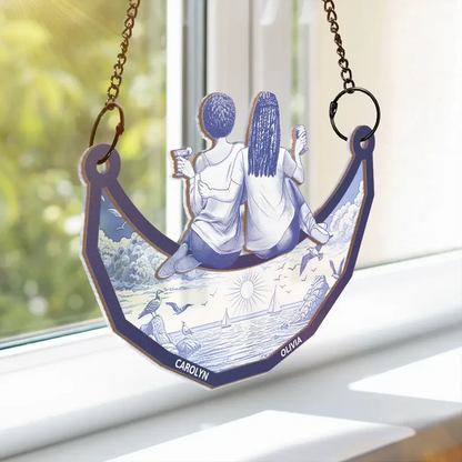 Toile Art Bestie Sitting On The Moon - Personalized Window Hanging Suncatcher Ornament