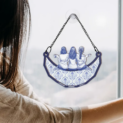 Toile Art Bestie Sitting On The Moon - Personalized Window Hanging Suncatcher Ornament