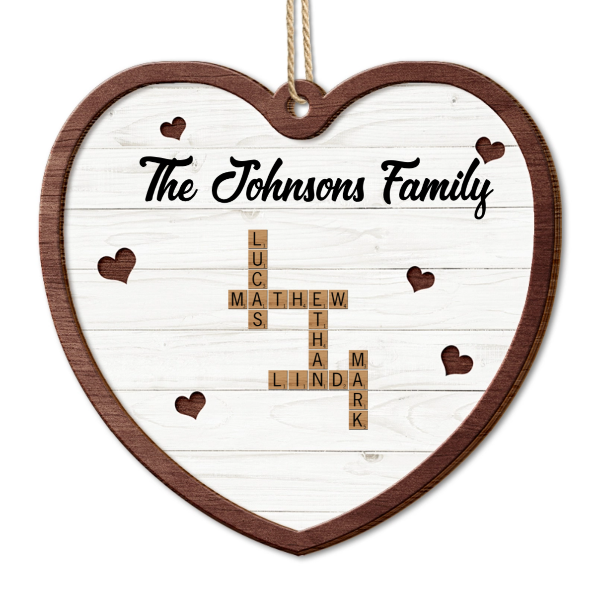 Custom Family Name Heart Crossword Scrabble - Personalized  Wooden Ornament