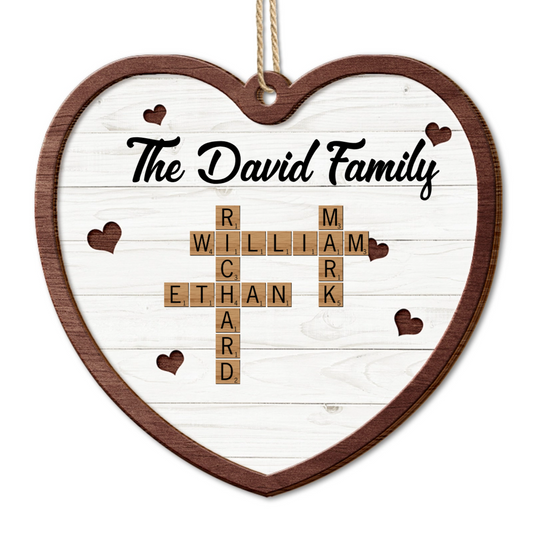 Custom Family Name Heart Crossword Scrabble - Personalized  Wooden Ornament