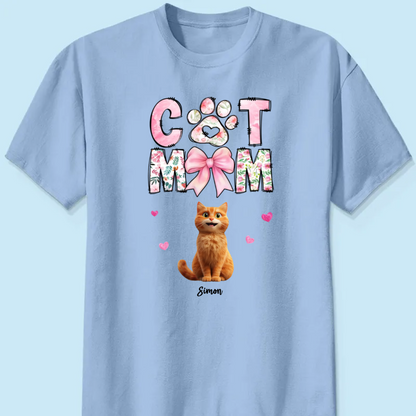 Cat Mom Pink Coquette Personalized Shirt, Cartoon Cute Cat, Gift for Cat Moms