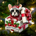 Cute Frenchie Inside Red Gift Box Personalized 2D Flat Acrylic Ornament, Christmas Gift for Dog Lovers