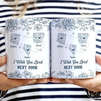 Miles Apart But Close At Heart Toile Pattern - Personalized White Edge-to-Edge Mug
