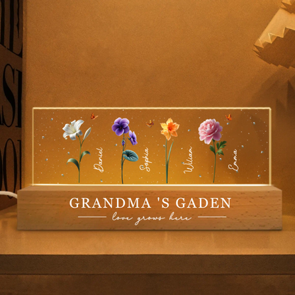 Grandma's Garden 3D Effect Birth Month Flowers Personalized Acrylic Block LED Night Light, Mother's Day Gift For Grandma, Mom