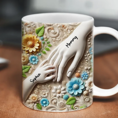 Daughter Son Holding Mother Hand Personalized 3D Effect Mug, Mother's Day Gift for Mom, Grandma