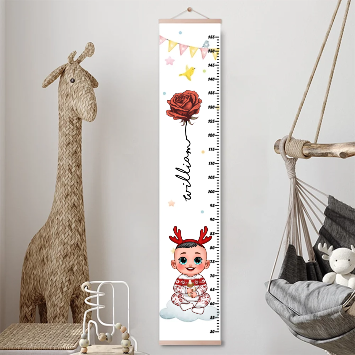 Personalised Cartoon Character Birth Flower Balloon Hanging Growth Chart with Name Bedroom Decor Birthday Gift for Kids