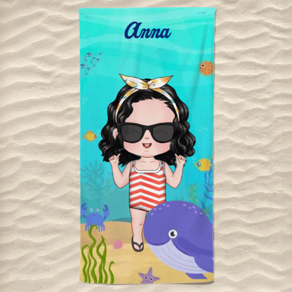 Summer, Beach, Pool, Travel - Family Personalized Custom Beach Towel - Summer Vacation Gift, Birthday Pool Party Gift For Family Members