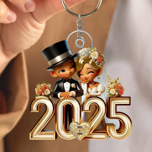 Happy Newlywed Cartoon Couple Personalized Keychain