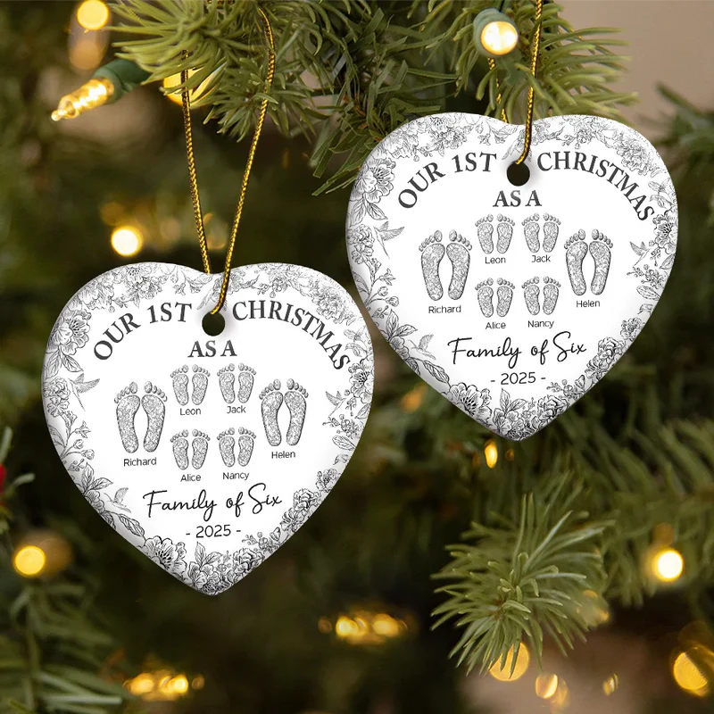 First Christmas As A Family Of Four Toile Footprints - Personalized Heart Acrylic Ornament