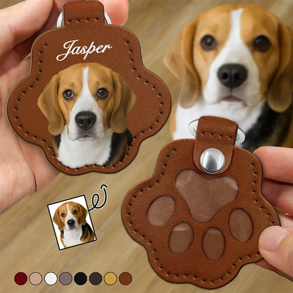 Custom Photo Dog Cat Pet Portrait - Personalized Paw Shaped Leather Keychain With Stitching