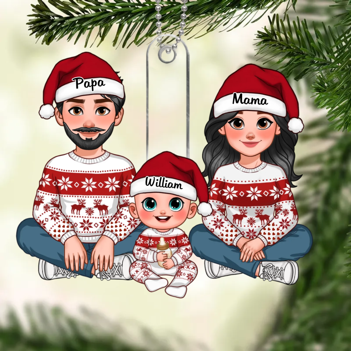 Animated Family Sitting Together Christmas Personalized Acrylic Ornament