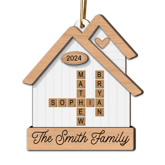 House Shaped Family Names Puzzle Crossword Personalized Wooden Ornament, Christmas Gift For Family