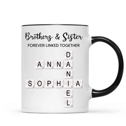 Brothers & Sisters Forever Linked Together Crossword Puzzle Art Personalized Mug, Gift For Brothers, Sisters, Siblings, Family