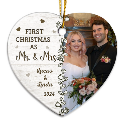 Custom Photo First Christmas Married - Personalized Heart Acrylic Ornament