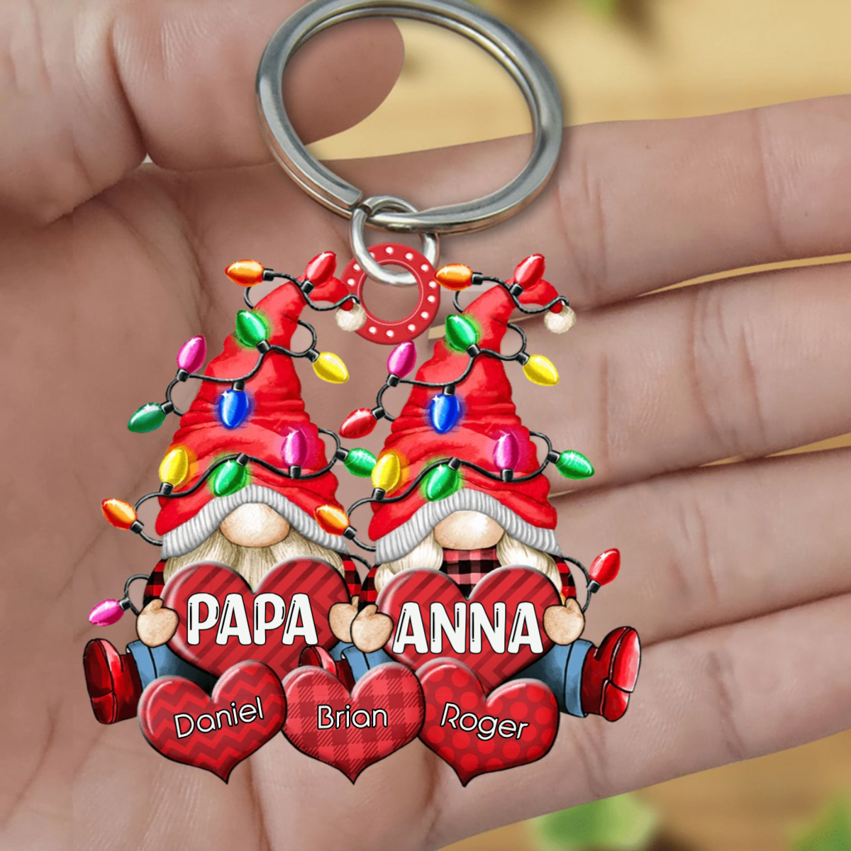 Colorful Christmas Light Doll Couple Papa Grandma Loves Sweet Heart Kids Personalized Acrylic Keychain