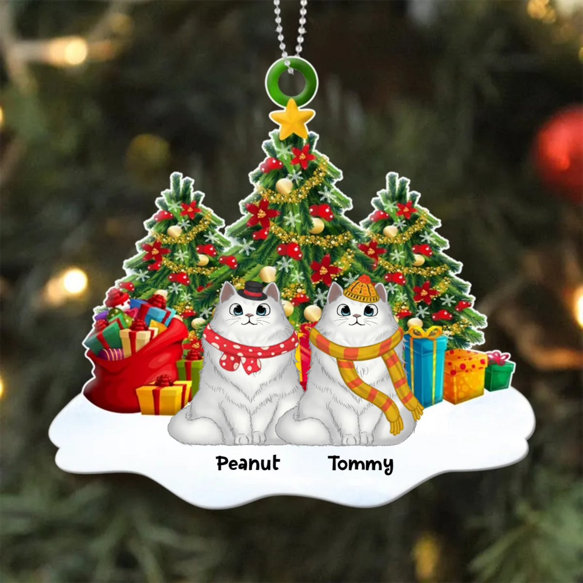 Fluffy Cats Sitting On Snow Christmas Tree Personalized Acrylic Ornament