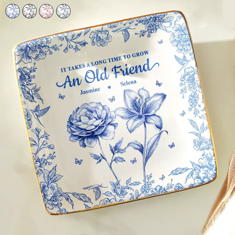 Grow An Old Friend Toile Birth Flower - Personalized Ring Dish