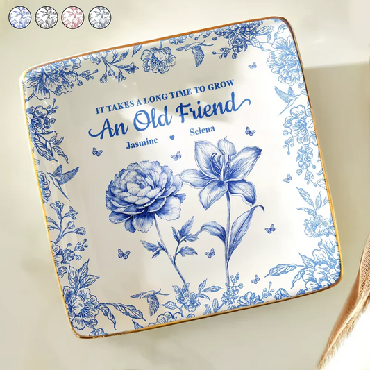 Grow An Old Friend Toile Birth Flower - Personalized Ring Dish