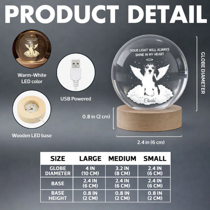 Your Light Will Always Shine in My Heart Pet Memorial - Personalized Crystal Ball LED Night Light - Heartfelt Remembrance Keepsake