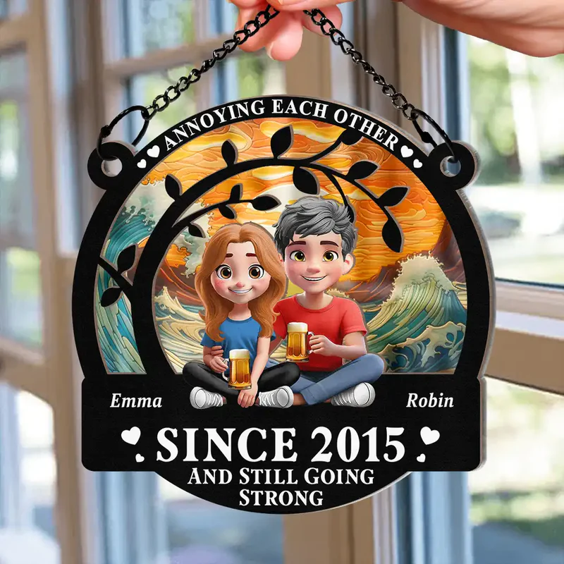 Couple Annoying Each Other 3D Effect - Personalized Window Hanging Suncatcher Ornament