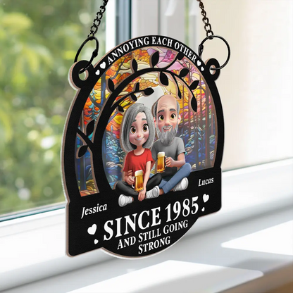 Couple Annoying Each Other 3D Effect - Personalized Window Hanging Suncatcher Ornament