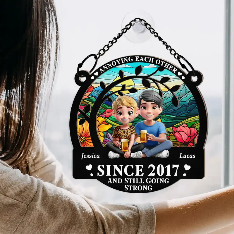 Couple Annoying Each Other 3D Effect - Personalized Window Hanging Suncatcher Ornament