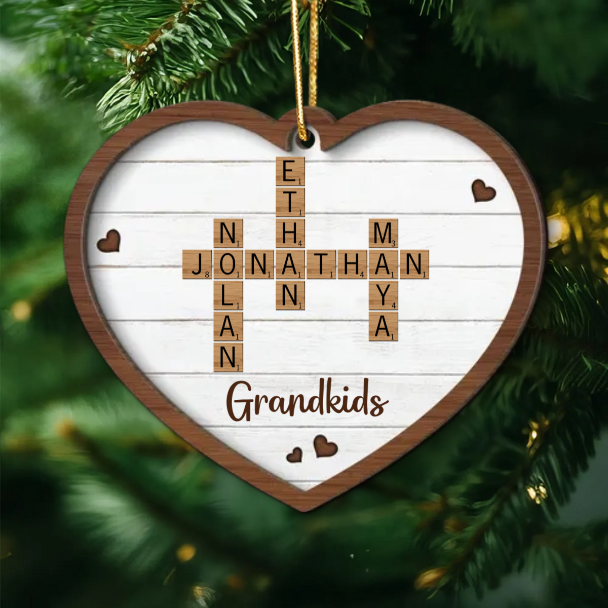 Grandkids Crossword Puzzle Art Personalized Heart Shaped Wooden Ornament, Christmas Gift For Grandma, Gift For Mom