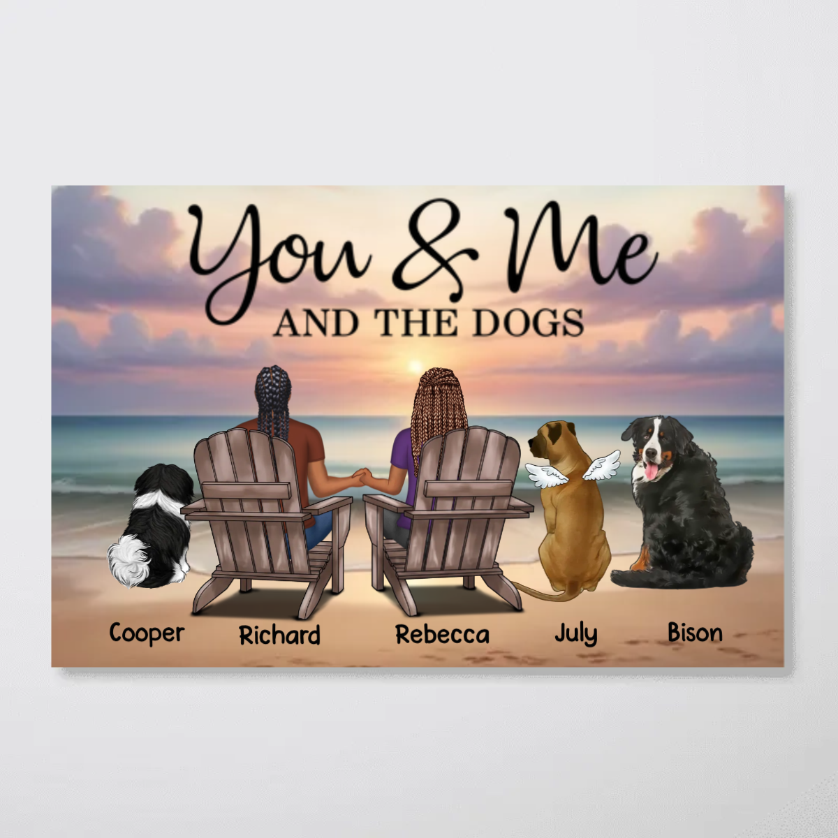 You Me And The Dogs Cats Couple Realistic Beach Landscape Personalized Poster, Birthday Gift, Anniversary Gift For Him, For Her