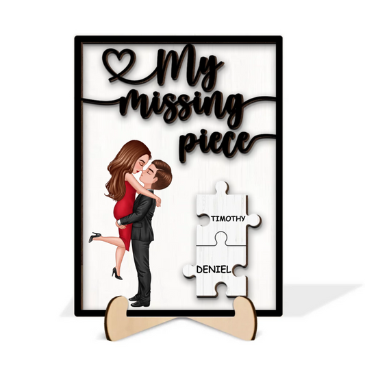 My Missing Piece Hugging Kissing Couple Personalized 2-Layer Wooden Plaque, Anniversary Gift For Couple, For Dad Mom