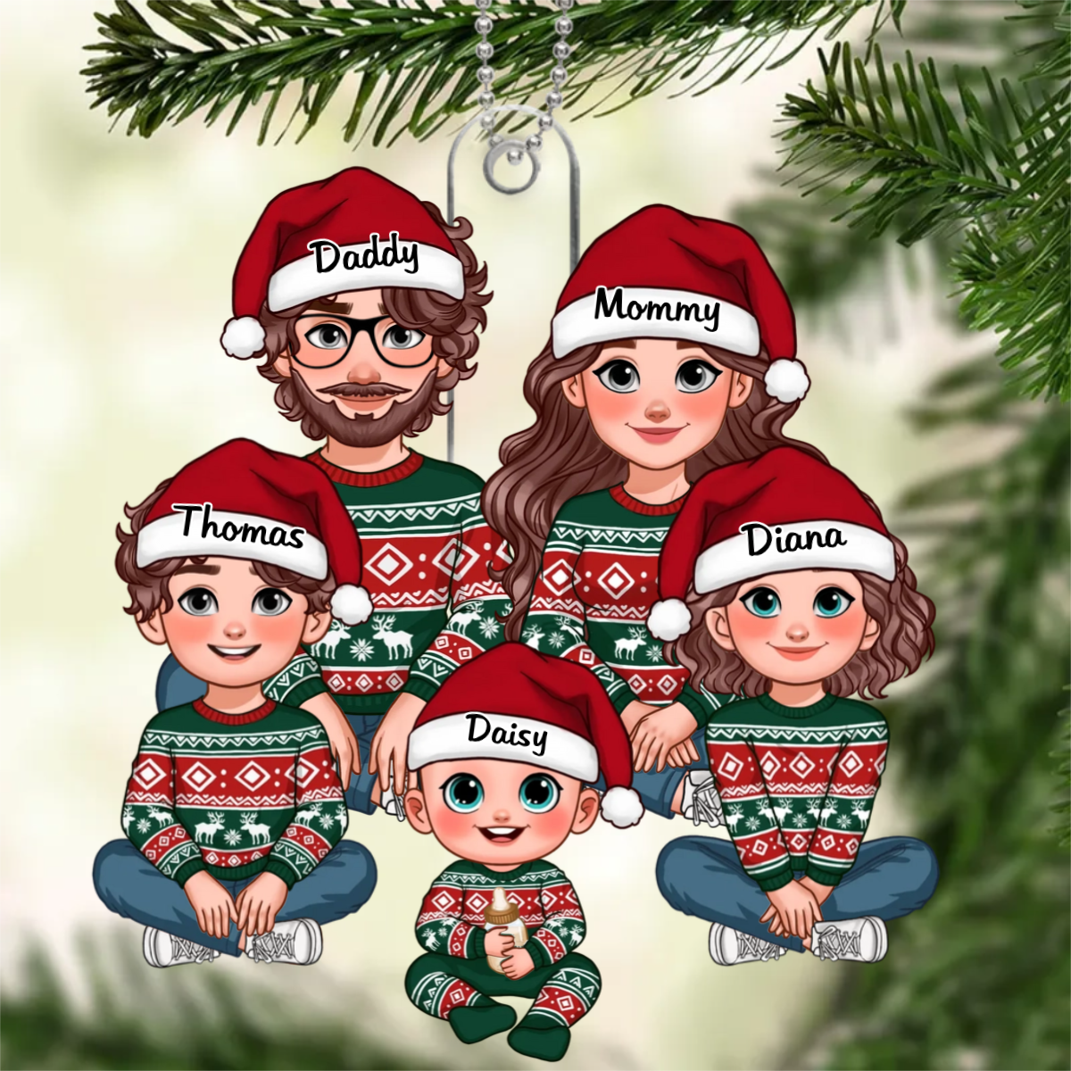 Animated Family Sitting Together Christmas Personalized Acrylic Ornament