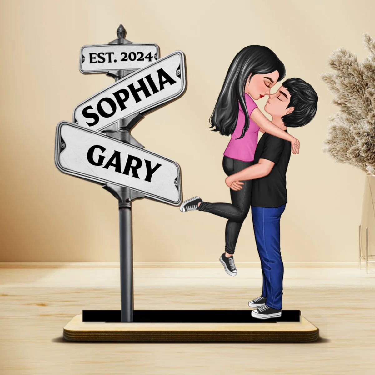 Couple Hugging Kissing Beside The Street Signs Personalized Standing Wooden Plaque, Heartfelt Gift For Couple, For Him, For Her, Boyfriend, Girlfriend, Husband, Wife