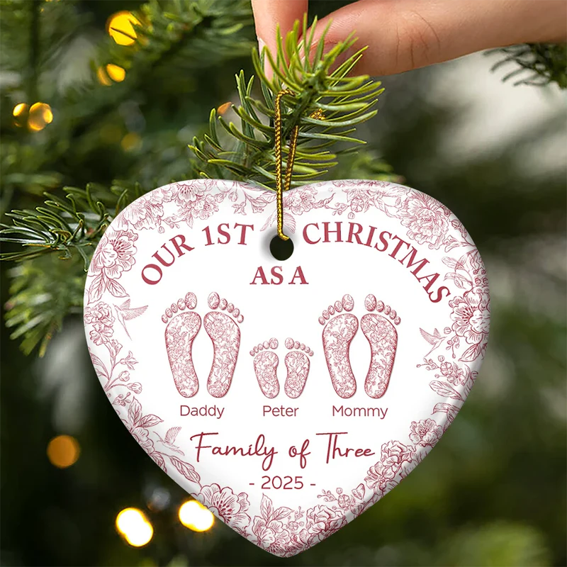 First Christmas As A Family Of Four Toile Footprints - Personalized Heart Acrylic Ornament