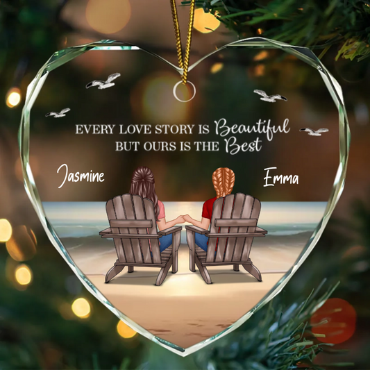 Couple Sitting Eternal Sunset Beach Personalized Heart Acrylic Ornament, Heartfelt Christmas Gift For Girlfriend, For Wife