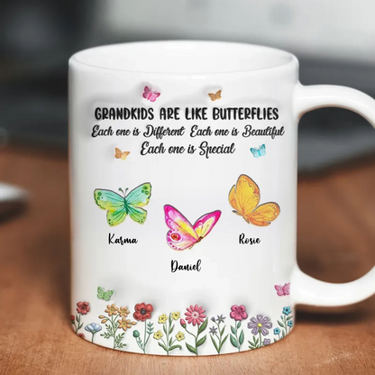 Grandkids Are Like Butterflies, Each One is Beautiful Personalized 3D Inflated Effect Mug, Mother's Day Gift for Grandma